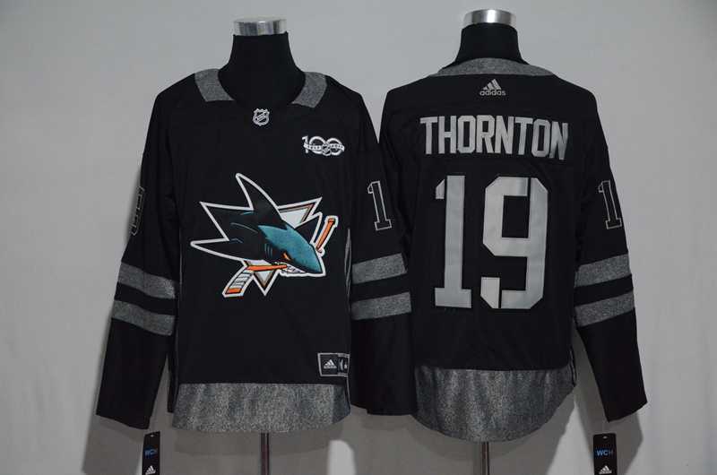 San Jose Sharks #19 Joe Thornton Black 1917-2017 100th Anniversary Adidas Stitched Jersey